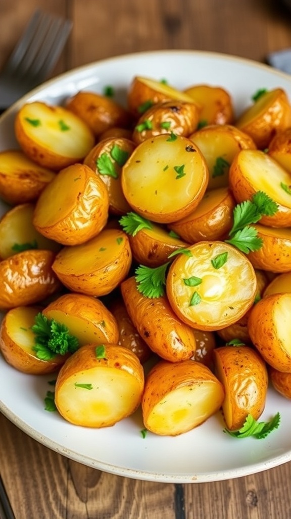 Crispy garlic butter potatoes garnished with parsley on a rustic plate.